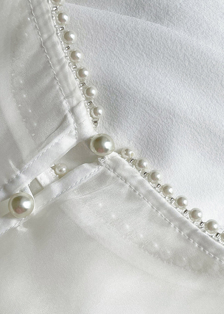 Brief White O-Neck Ruffled Wrinkled Silk Long Dress Flare Sleeve