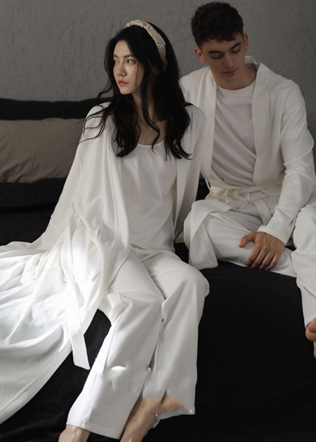 Brief White V Neck Tie Waist Solid Cotton Couple Pajamas Two Piece Set Spring