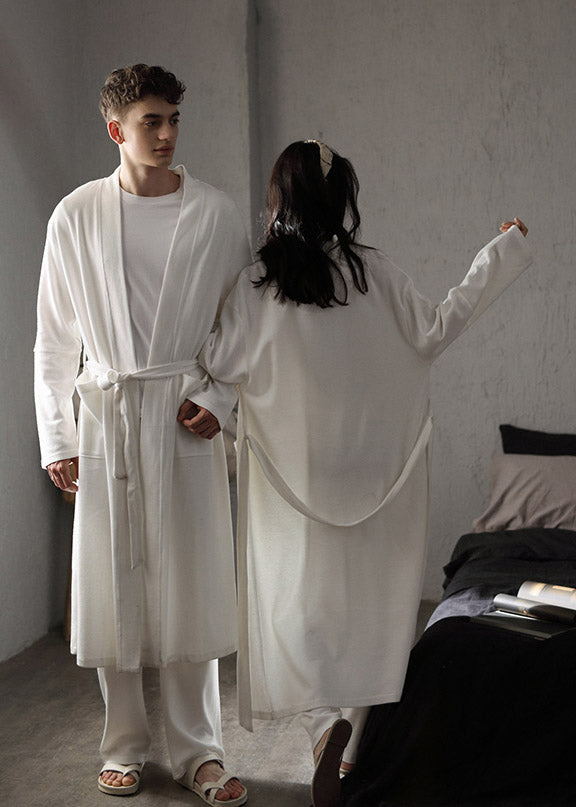 Brief White V Neck Tie Waist Solid Cotton Couple Pajamas Two Piece Set Spring - Omychic