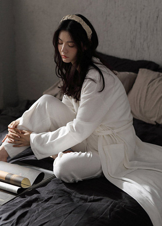 Brief White V Neck Tie Waist Solid Cotton Couple Pajamas Two Piece Set Spring - Omychic