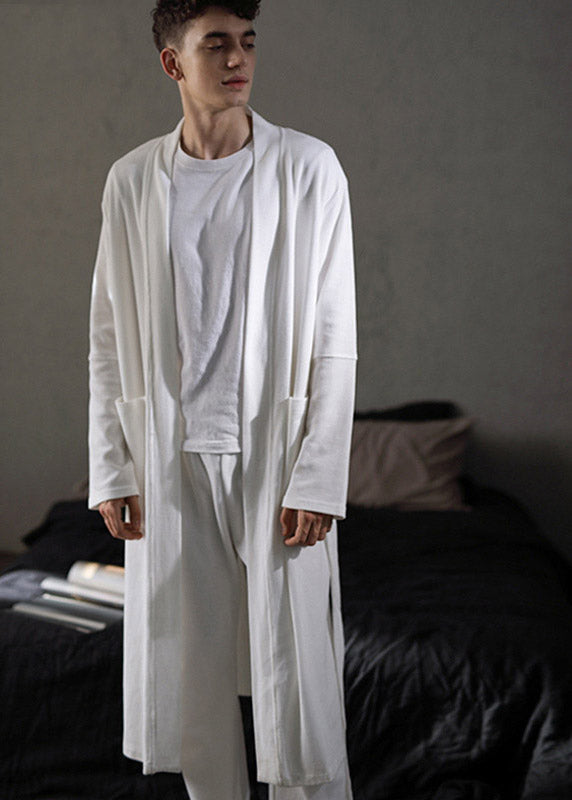 Brief White V Neck Tie Waist Solid Cotton Couple Pajamas Two Piece Set Spring - Omychic