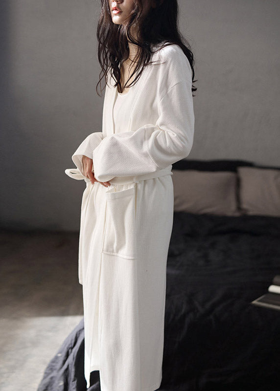 Brief White V Neck Tie Waist Solid Cotton Couple Pajamas Two Piece Set Spring - Omychic