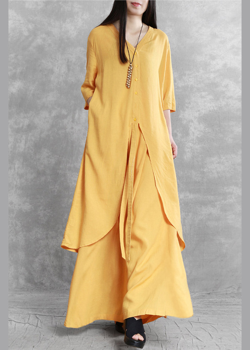 Brief Yellow V Neck Top And Wide Leg Pants Two Pieces Set Summer