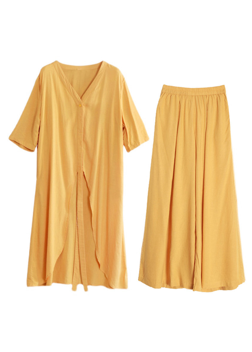 Brief Yellow V Neck Top And Wide Leg Pants Two Pieces Set Summer