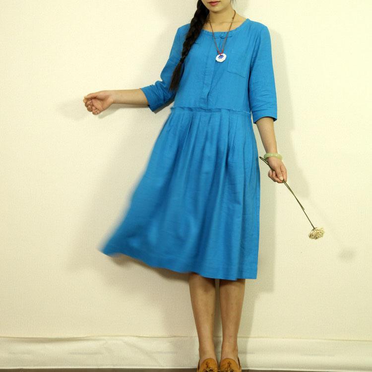 Bright blue linen sundress half sleeve linen dresses summer maxi dresses - Omychic