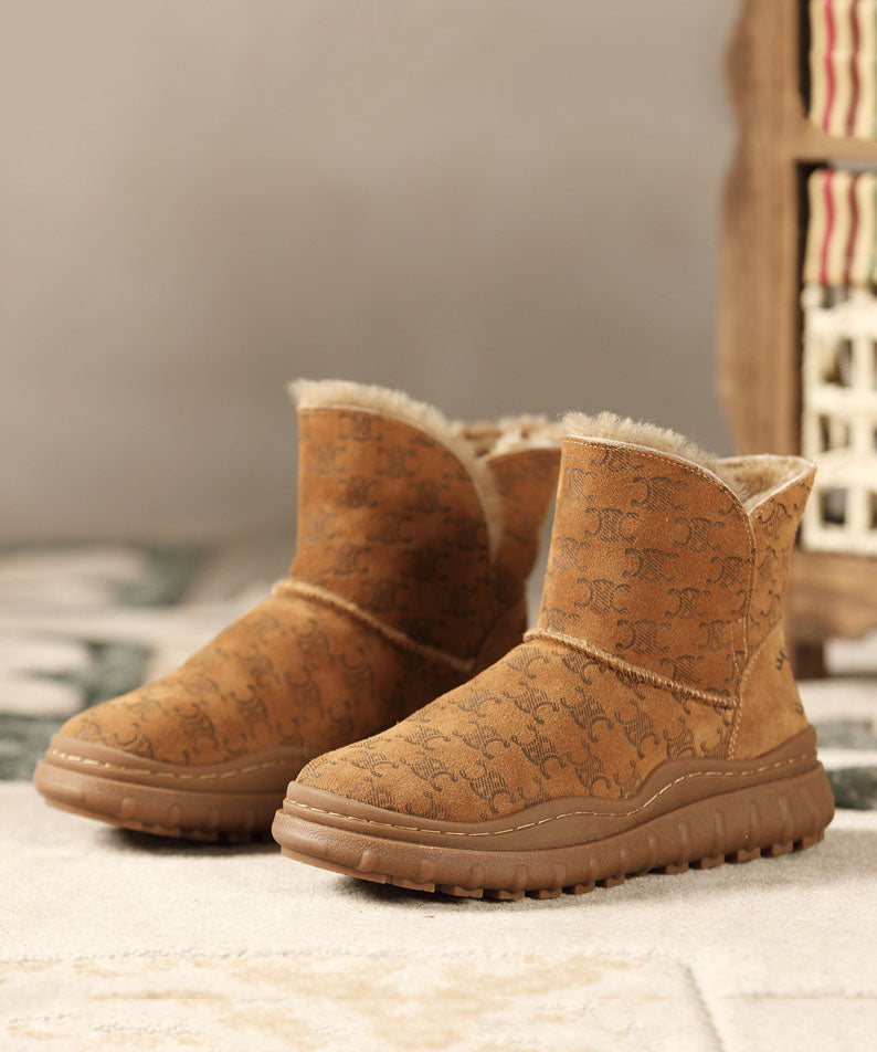 Brown Boots Thick Warm Fleece Cowhide Leather Elegant Ankle Boots