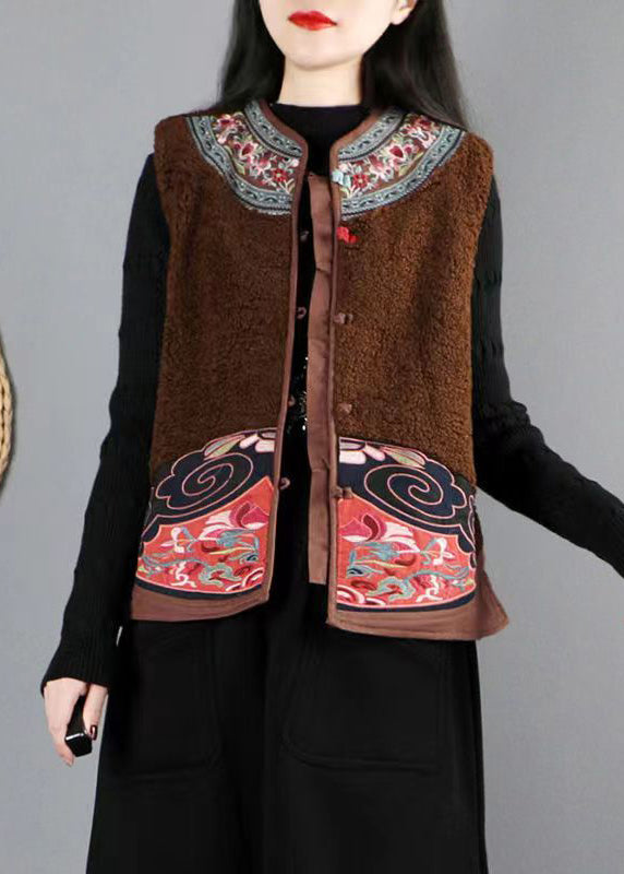 Brown Button Patchwork Teddy Faux Fur Waistcoat O Neck Sleeveless