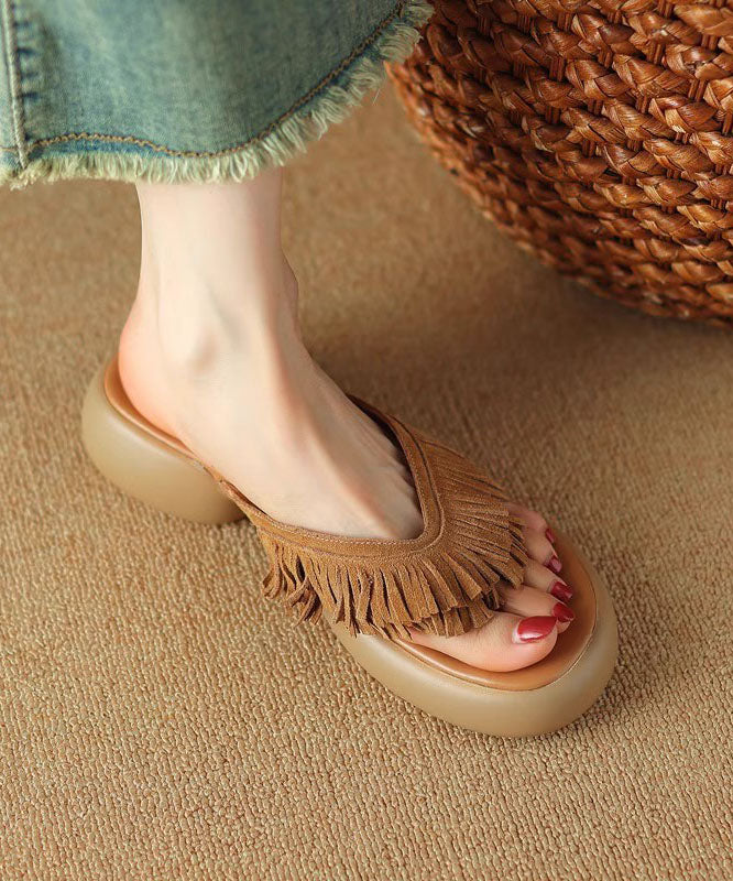 Brown Chunky Suede Boutique Tassel Splicing Slide Sandals