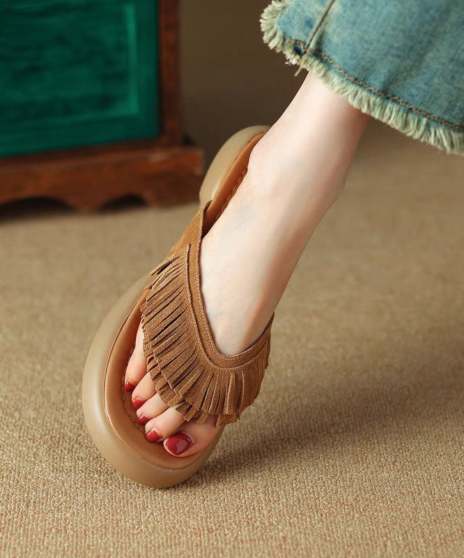 Brown Chunky Suede Boutique Tassel Splicing Slide Sandals