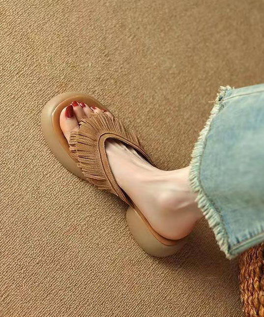 Brown Chunky Suede Boutique Tassel Splicing Slide Sandals