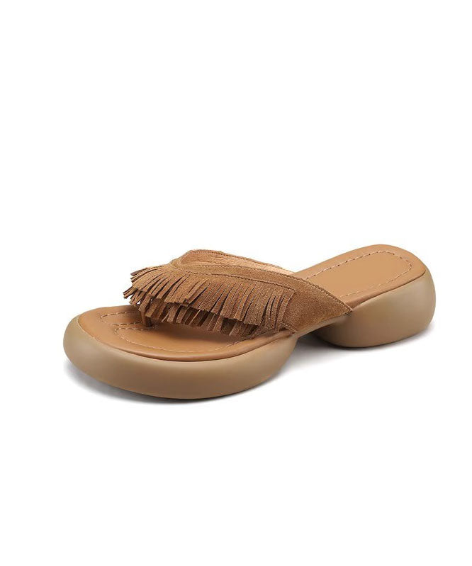Brown Chunky Suede Boutique Tassel Splicing Slide Sandals