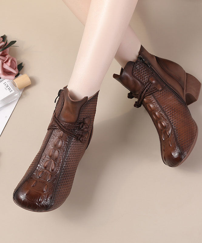 Brown Crocodile Pattern Boots Chunky Cowhide Leather Elegant Boots