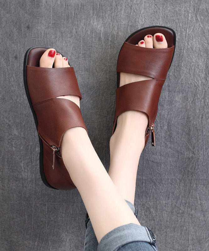 Brown Flat Sandals Peep Toe Zippered Splicing Cowhide Leather