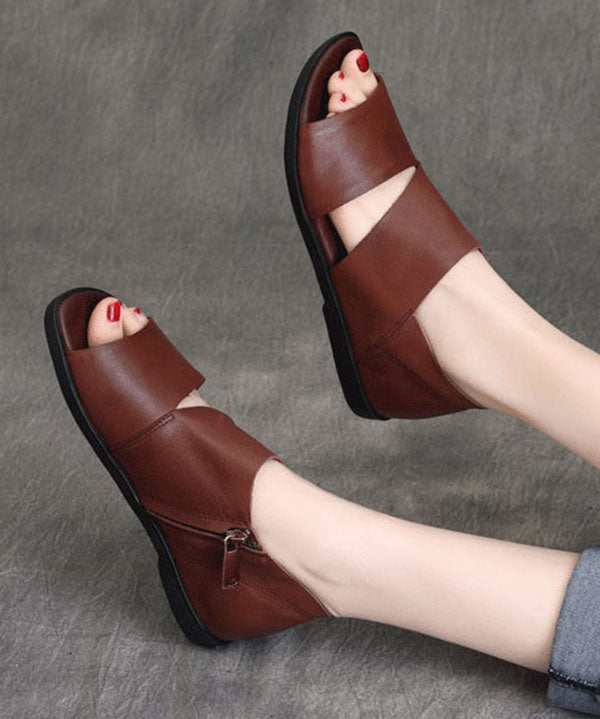 Brown Flat Sandals Peep Toe Zippered Splicing Cowhide Leather