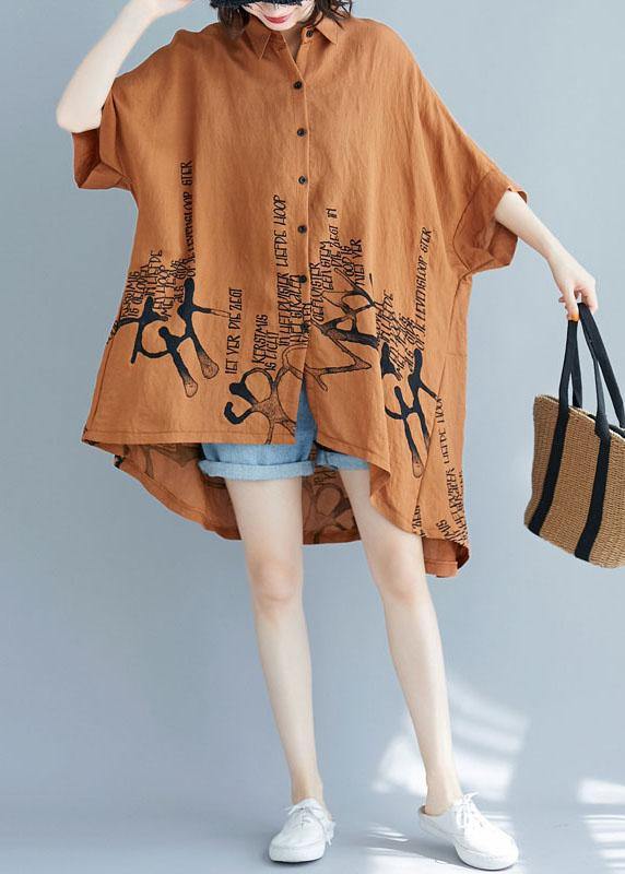 Brown Graphic low high design Cotton Summer Shirt Tops - Omychic