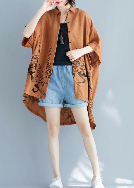 Brown Graphic low high design Cotton Summer Shirt Tops - Omychic