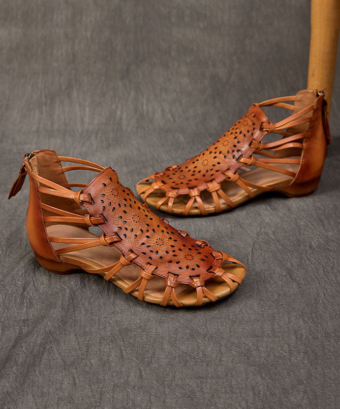 Brown Hollow Out Cowhide Leather 2023 Splicing Sandals