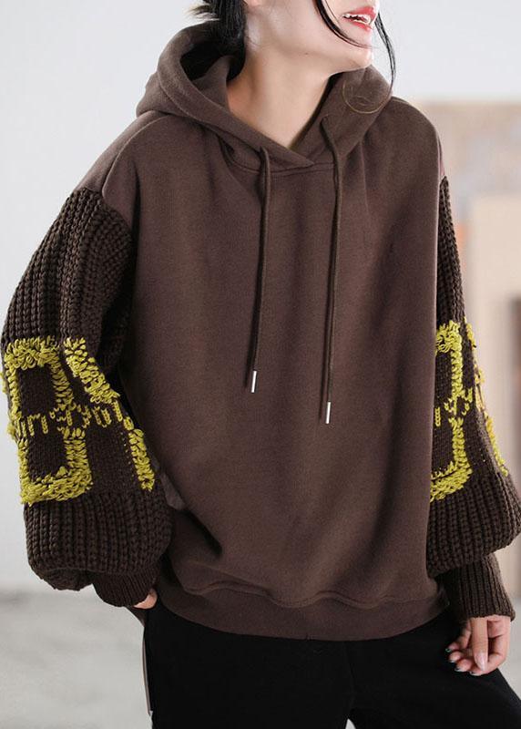 Brown Hooded knit Patchwork Warm Fleece Sweatshirts Tracksuits Winter - Omychic