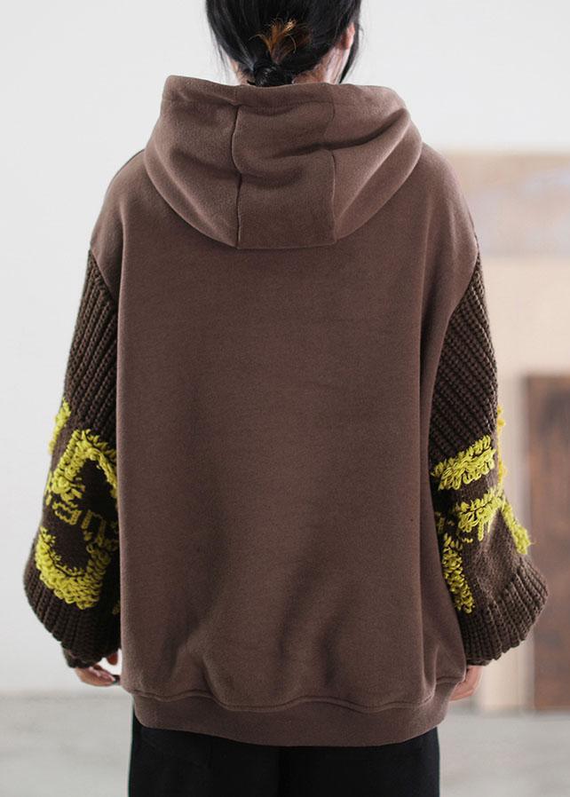 Brown Hooded knit Patchwork Warm Fleece Sweatshirts Tracksuits Winter - Omychic