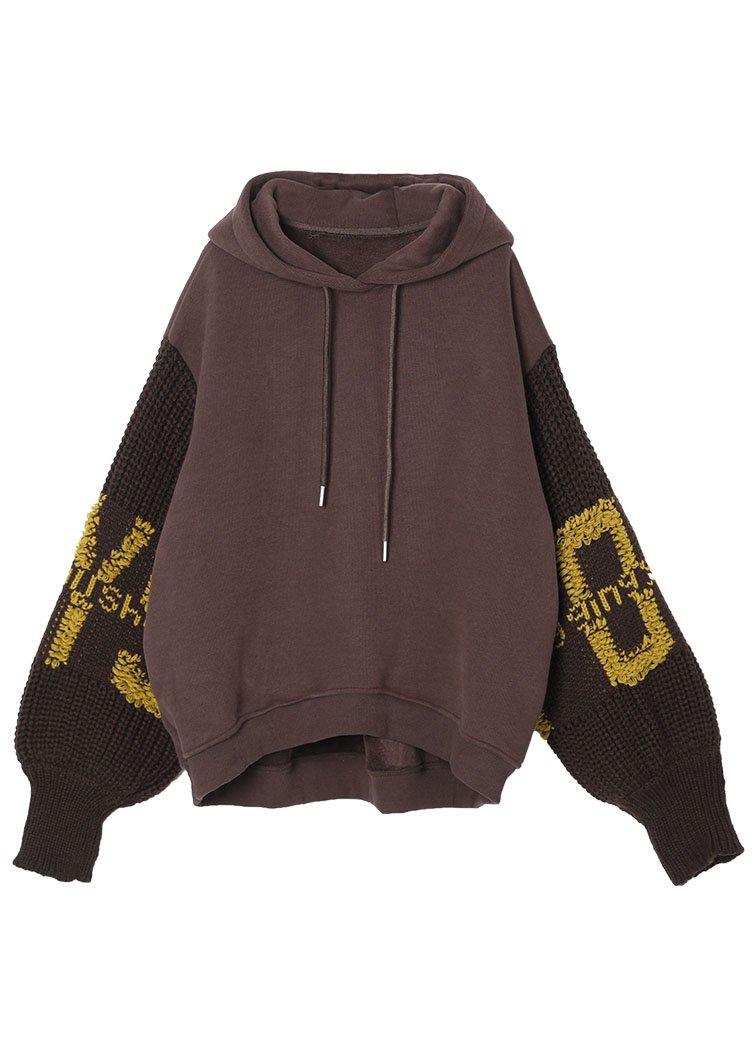 Brown Hooded knit Patchwork Warm Fleece Sweatshirts Tracksuits Winter - Omychic