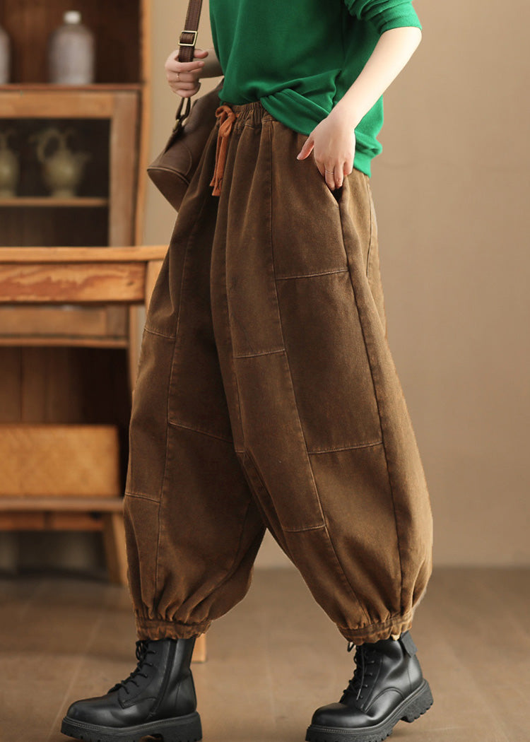 Brown Lace Up Patchwork Fleece Lantern Pants Elastic Waist