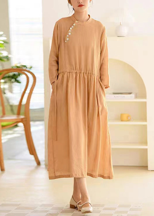 Brown Lace Up Patchwork Linen Long Dress Button Long Sleeve