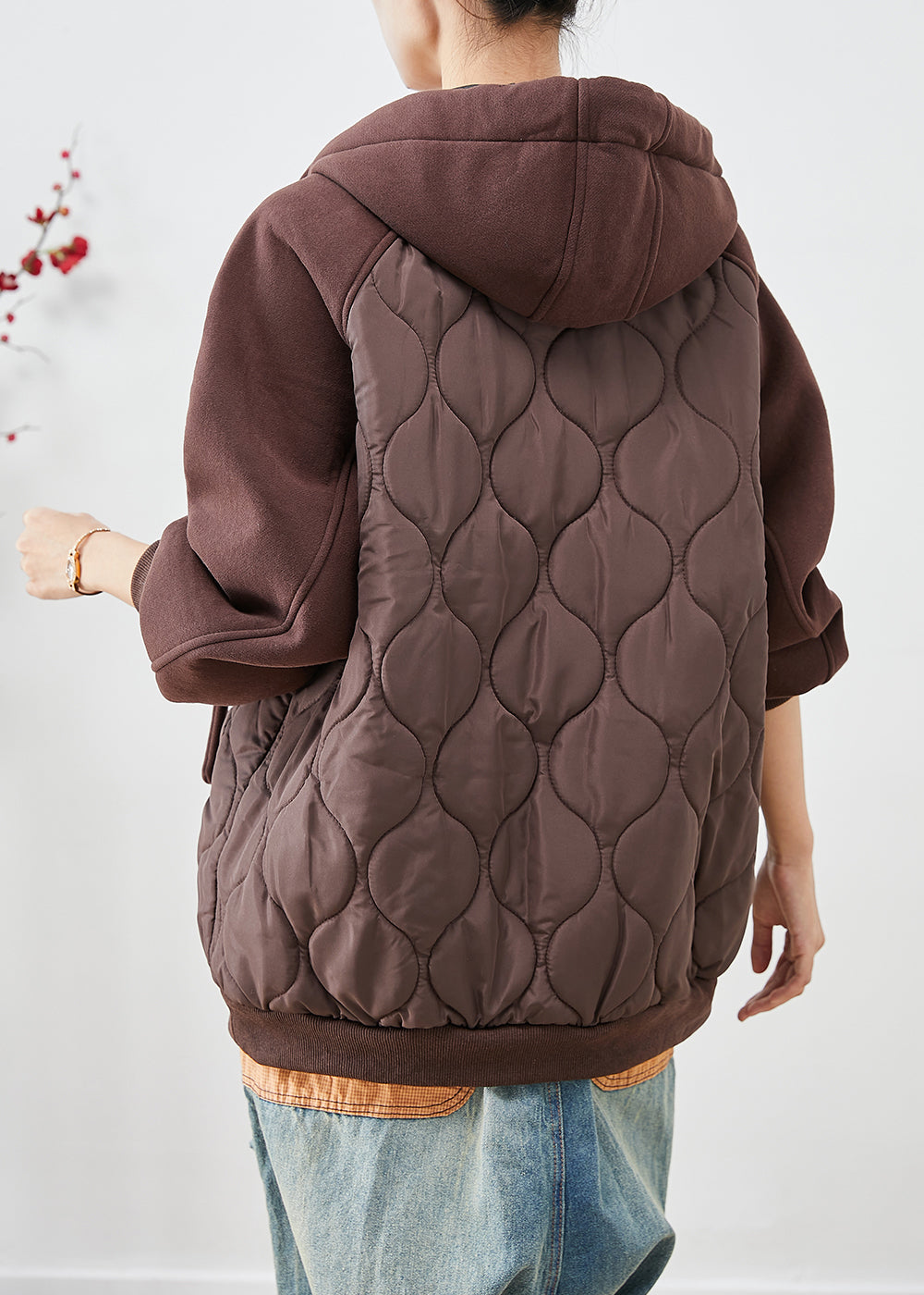 Brown Patchwork Fine Cotton Filled Puffer Jacket Hooded Oversized Winter