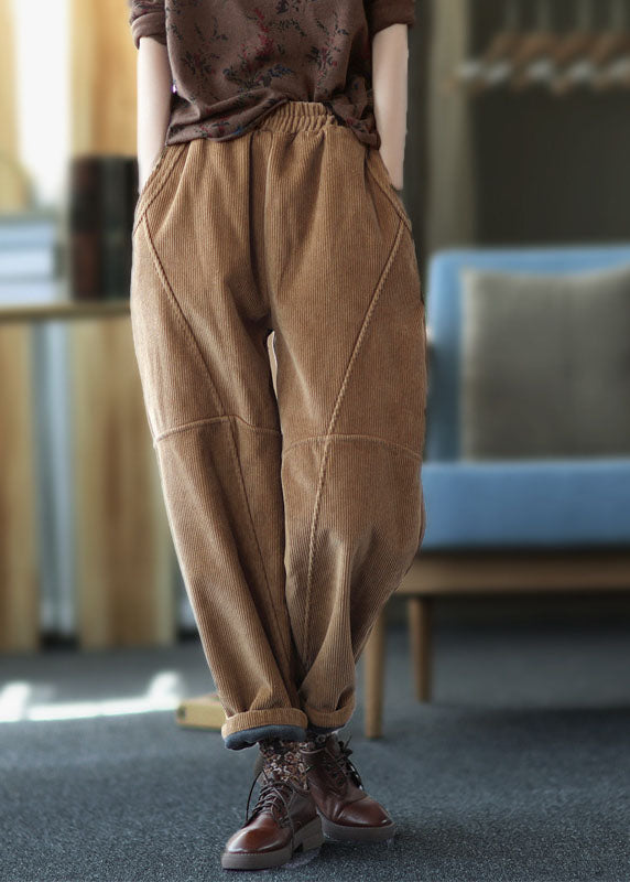 Brown Patchwork Thick Corduroy Pants Elastic Waist Solid Winter