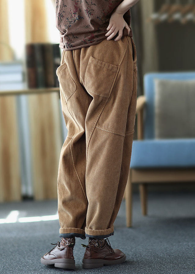 Brown Patchwork Thick Corduroy Pants Elastic Waist Solid Winter