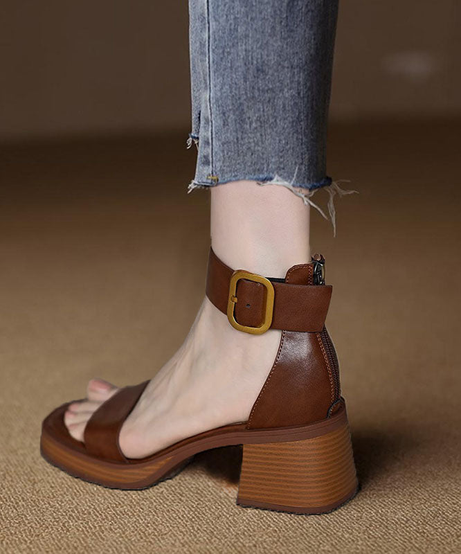 Brown Peep Toe Buckle Strap Zippered Splicing Chunky Sandals