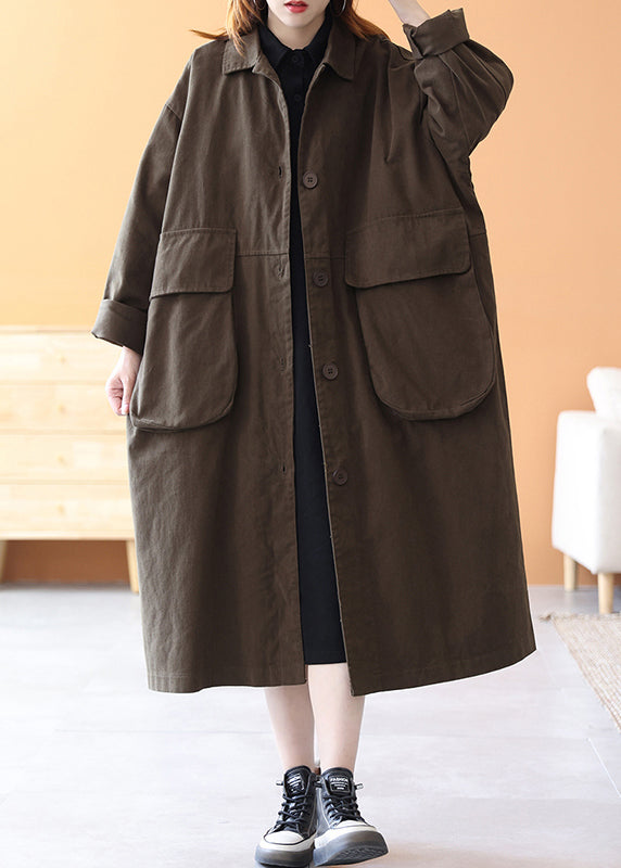 Brown Peter Pan Collar Button Cotton Trench Coats Long Sleeve