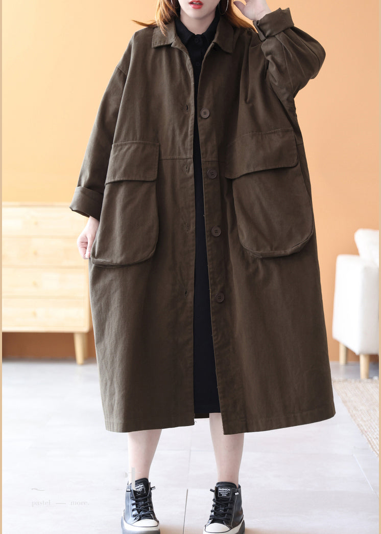 Brown Peter Pan Collar Button Cotton Trench Coats Long Sleeve