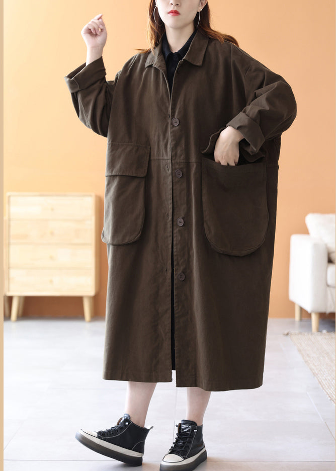 Brown Peter Pan Collar Button Cotton Trench Coats Long Sleeve