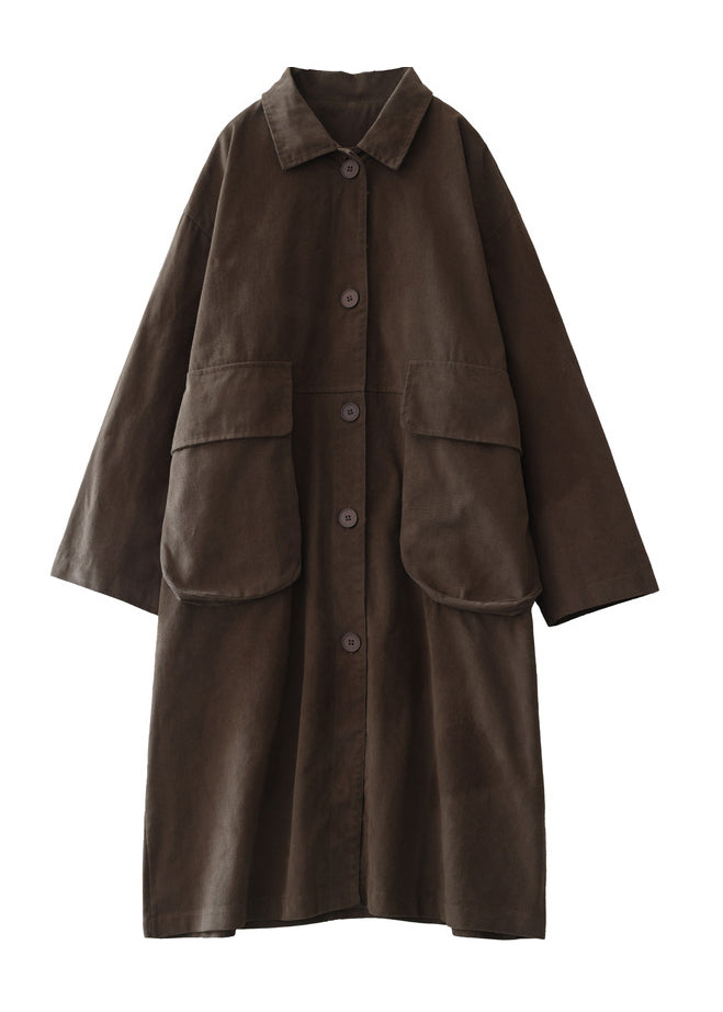 Brown Peter Pan Collar Button Cotton Trench Coats Long Sleeve