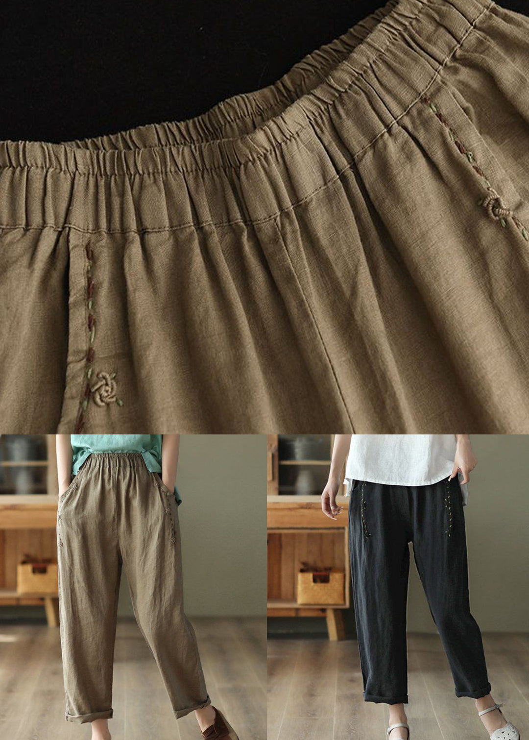 Brown Pockets High Waist Linen Pants Summer