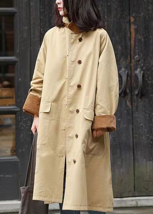 Brown Pockets Patchwork Corduroy Coat Peter Pan Collar Long Sleeve