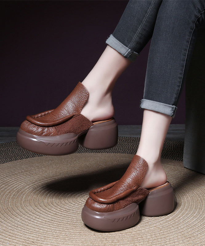 Brown Retro Splicing Cowhide Leather Platform Slide Sandals