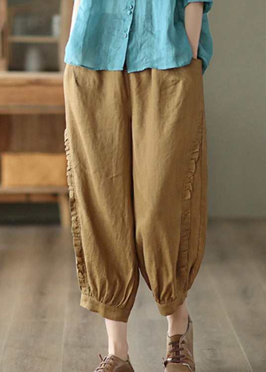 Brown Ruffled Elastic Waist Cozy Crop Pants