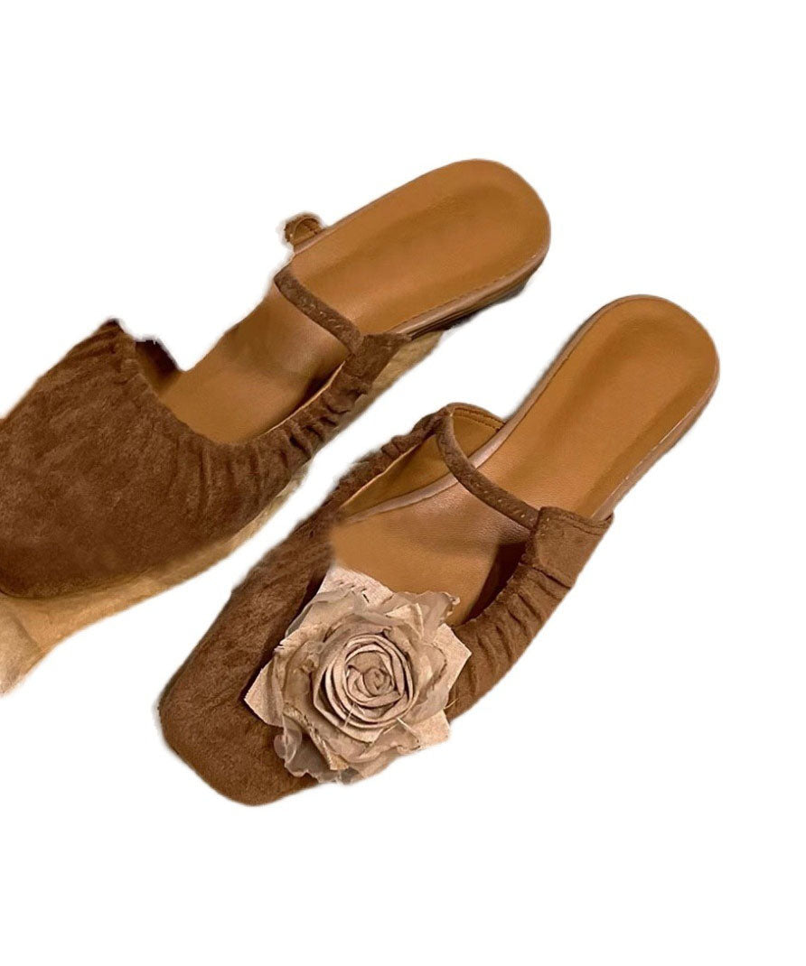 Brown Slide Sandals Splicing Beautiful Floral Wrinkled
