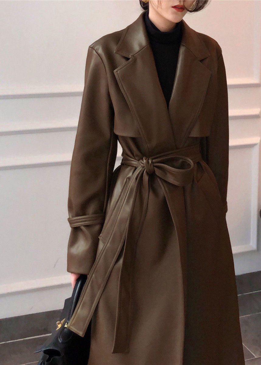 Brown Solid Color Faux Leather Trench Coats Notched Collar Sashes Winter