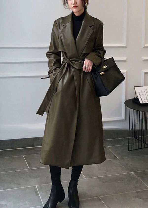 Brown Solid Color Faux Leather Trench Coats Notched Collar Sashes Winter