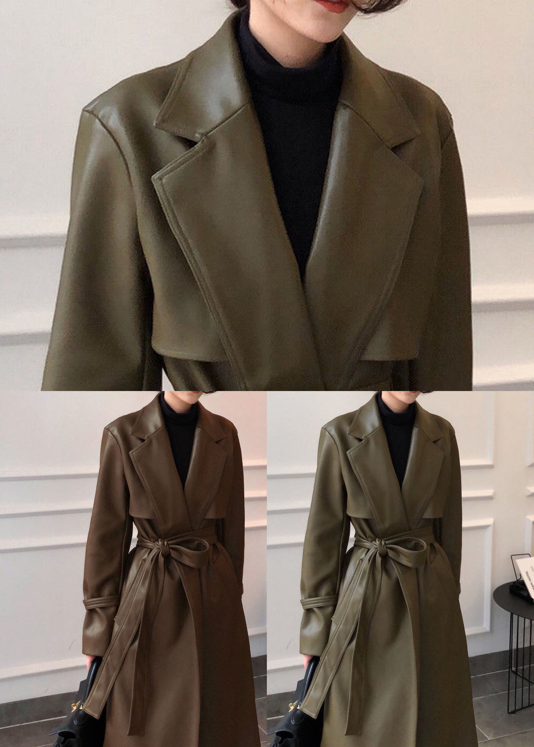 Brown Solid Color Faux Leather Trench Coats Notched Collar Sashes Winter