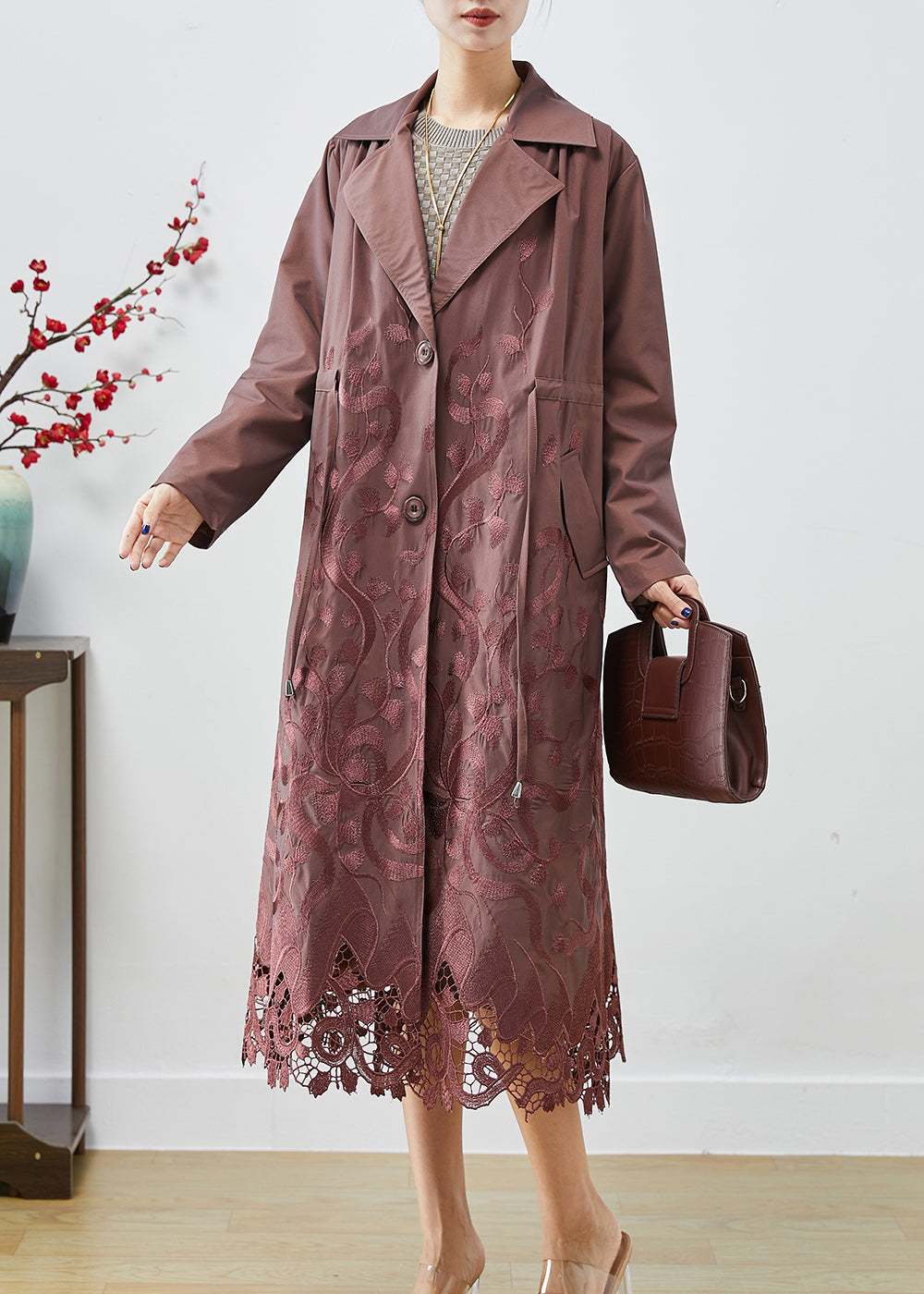 Brown Spandex Trench Coats Embroideried Tie Waist Fall