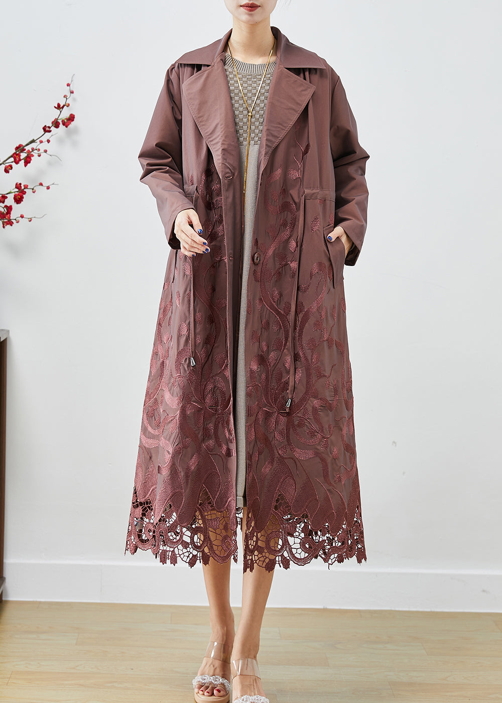 Brown Spandex Trench Coats Embroideried Tie Waist Fall