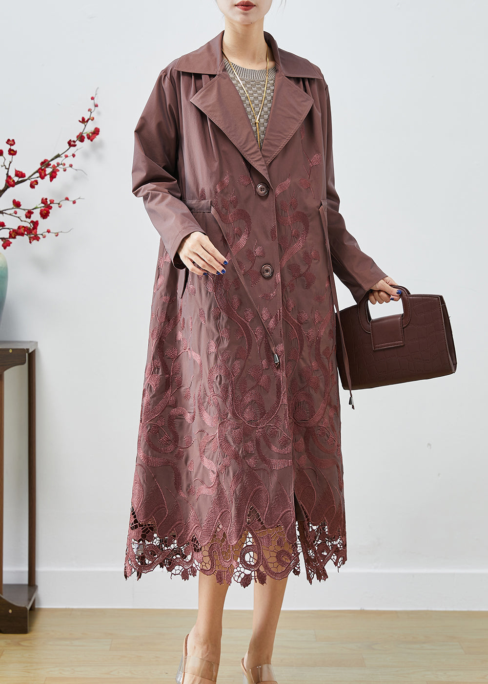 Brown Spandex Trench Coats Embroideried Tie Waist Fall