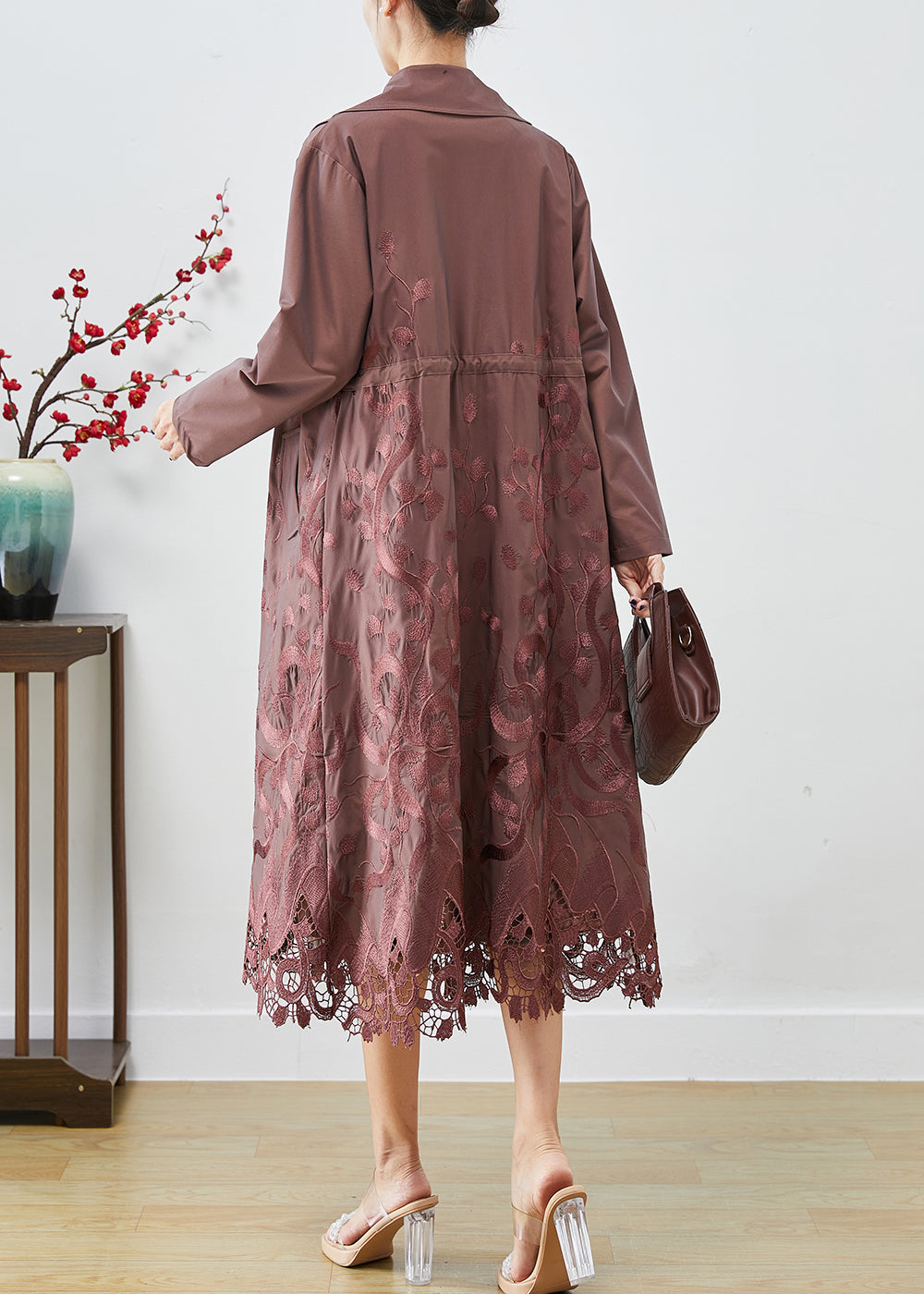 Brown Spandex Trench Coats Embroideried Tie Waist Fall