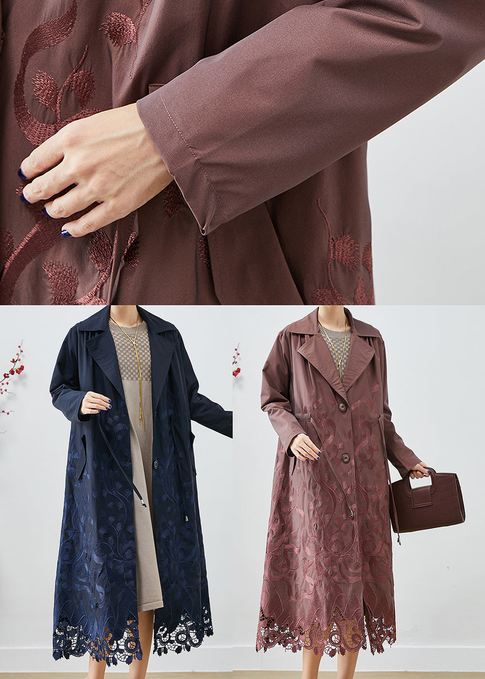 Brown Spandex Trench Coats Embroideried Tie Waist Fall