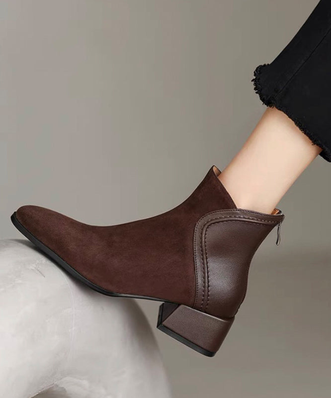 Brown Splicing Elegant Chunky Suede Boots