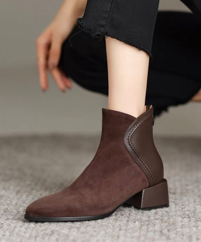 Brown Splicing Elegant Chunky Suede Boots