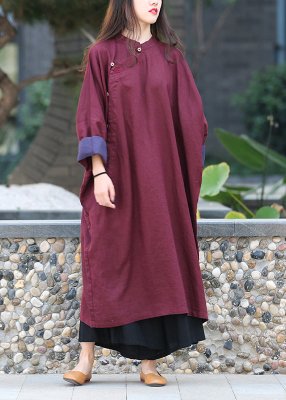 Brown Stand Collar Button Linen Maxi Dress Spring